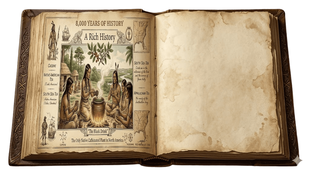 Open history book showing 8,000 years of yaupon holly tradition